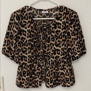 Noisy May Leopard Tie-Front Peplum Blouse - Black & Tan